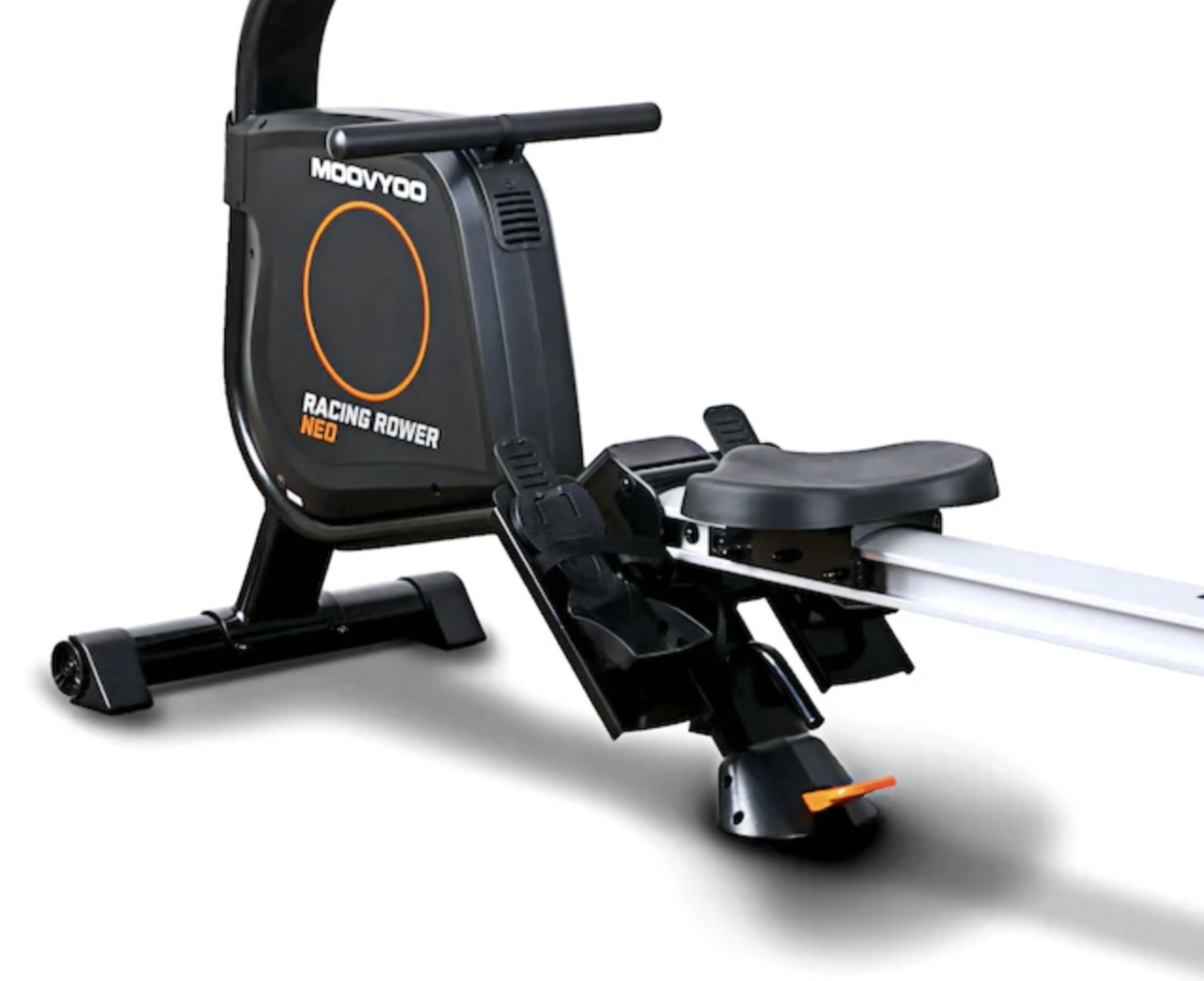 Rameur Moovyoo Racing Rower Neo avec siège et pédales visibles sur fond blanc.