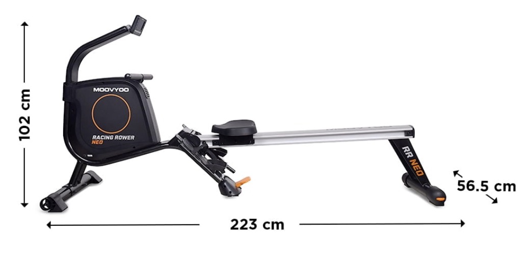 Rameur Racing Rower Neo avec dimensions indiquées sur l'image.