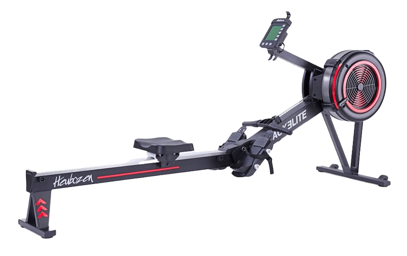 Rameur Heubozen Black Elite avec écran de contrôle et roue d'inertie rouge.