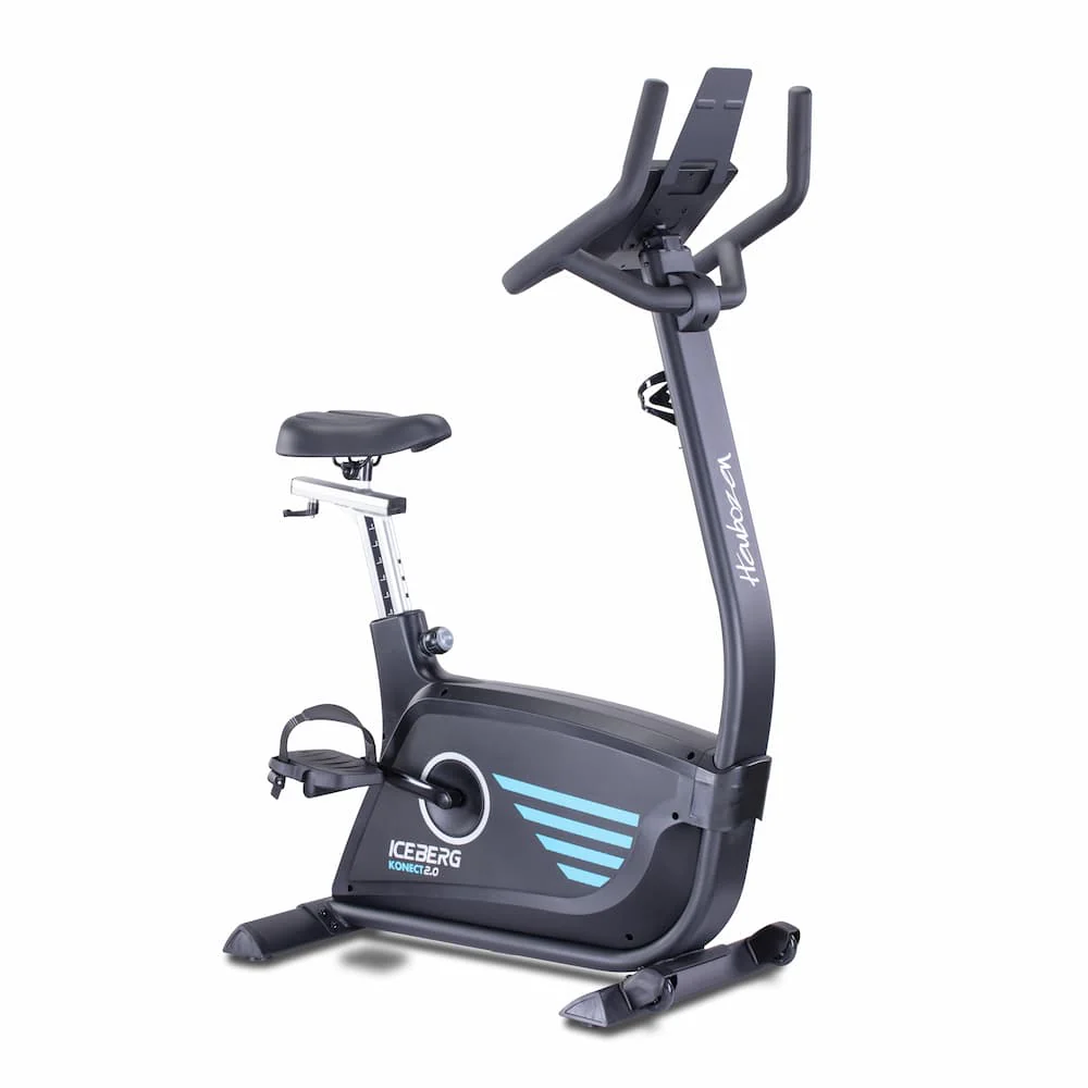 Heubozen Iceberg Konect 2.0 illustration Vélo d'appartement Heubozen Iceberg Konect 2.0 avec un design moderne et des poignées ajustables.