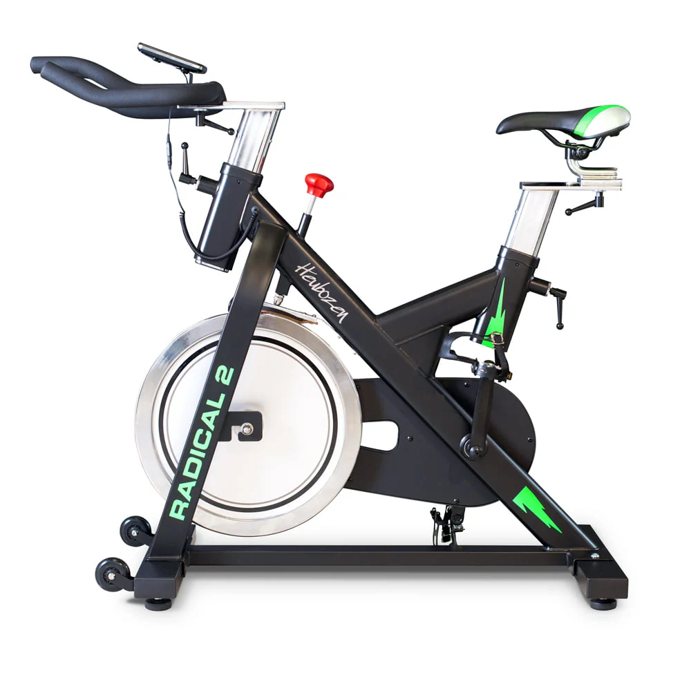 Heubozen Radical 2.0 illustration Vélo d'appartement Heubozen Radical 2.0 avec cadre noir et éléments verts.