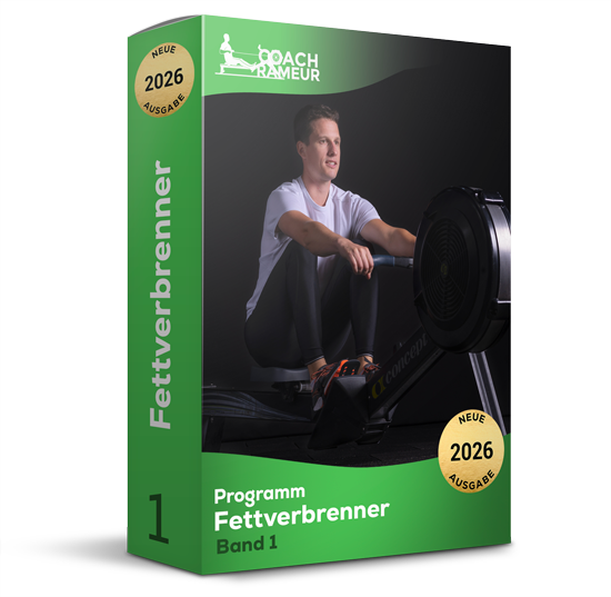 Boîte du programme de rameur Fettverbrenner Band 1 avec un homme s'entraînant sur un rameur.