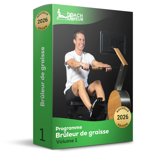 Boîte du programme Brûleur de Graisse Volume 1 2026 avec un homme utilisant un rameur.