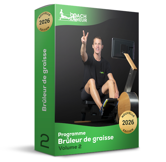 Boîte du programme Brûleur de Graisse Volume 2 2026 avec un homme sur un rameur faisant un signe de la paix.
