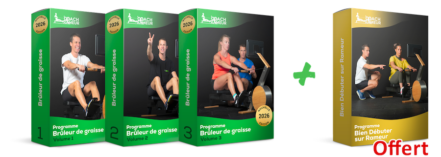 Trois boîtes de programmes de rameur, incluant des volumes pour brûler des graisses et débuter sur rameur.
