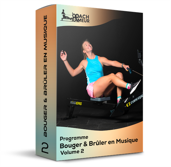 Boîte du programme Bouger et Brûler en Musique Volume 2 avec une femme utilisant un rameur.