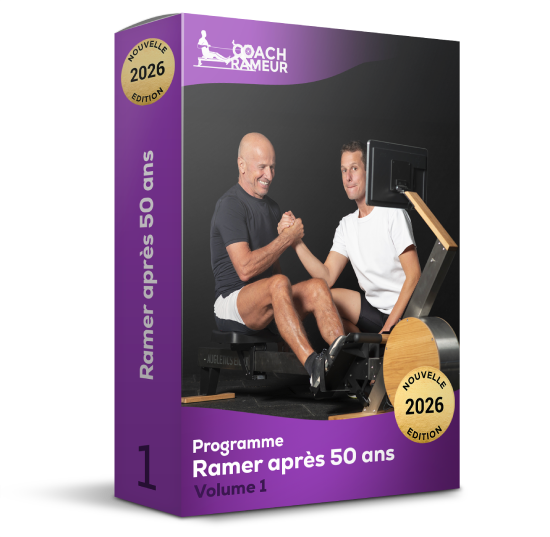 Boîte du programme Ramer après 50 ans Volume 1 avec deux hommes utilisant un rameur.