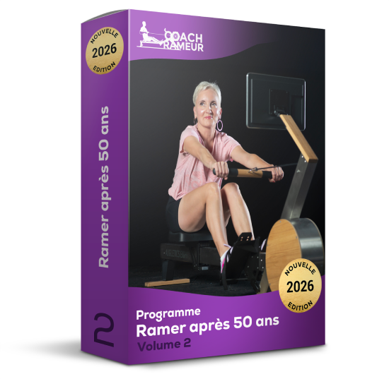 Boîte de programme d'entraînement pour ramer après 50 ans, édition 2026, avec une femme utilisant un rameur.