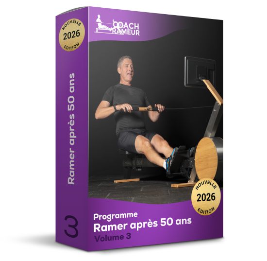 Boîte de programme d'entraînement pour ramer après 50 ans, avec un homme utilisant un rameur.