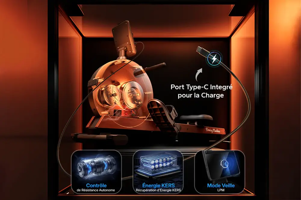 Appareil de rameur avec port Type-C intégré pour la charge et affichage des fonctionnalités comme le contrôle de résistance et l'énergie KERS.
