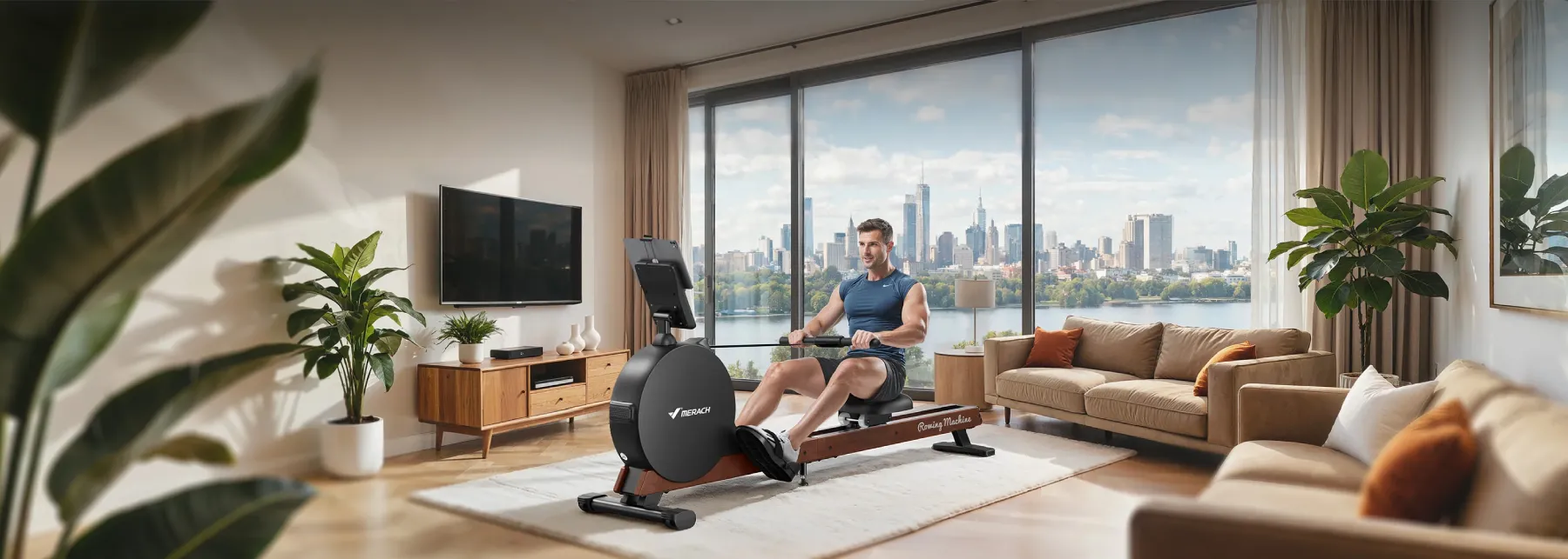 Un homme utilisant un rameur dans un salon avec une vue sur la ville à travers de grandes fenêtres.