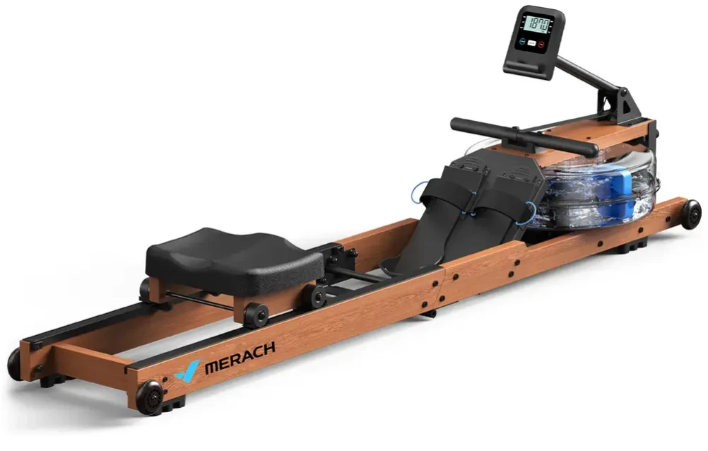 Rameur Merach R28 en bois avec écran numérique et réservoir d'eau pour l'entraînement.