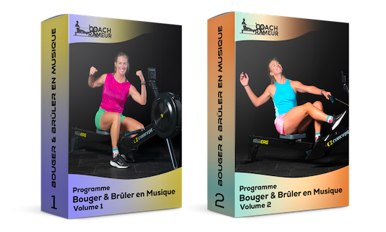 Coffret de deux volumes du programme Bouger et Brûler en Musique avec une femme utilisant un rameur.