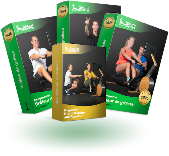 Trois boîtes de programmes de rameur, incluant le volume 1 et le programme Bien Débuter sur Rameur.