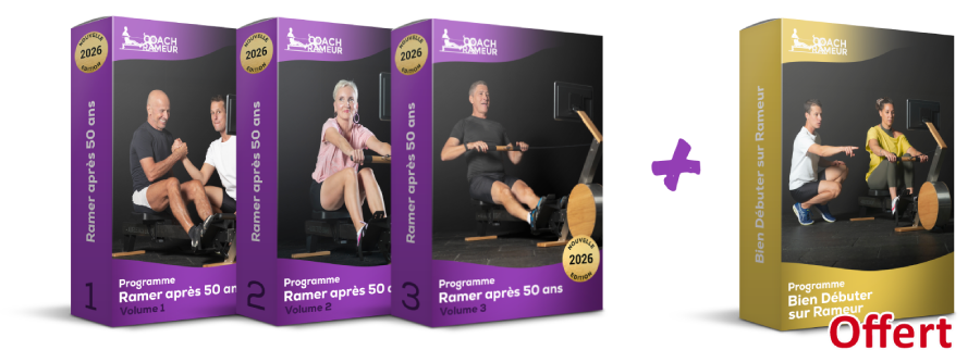 Quatre boîtes de programmes de rameur, incluant des exercices pour débutants et seniors, avec des images de personnes s'entraînant.