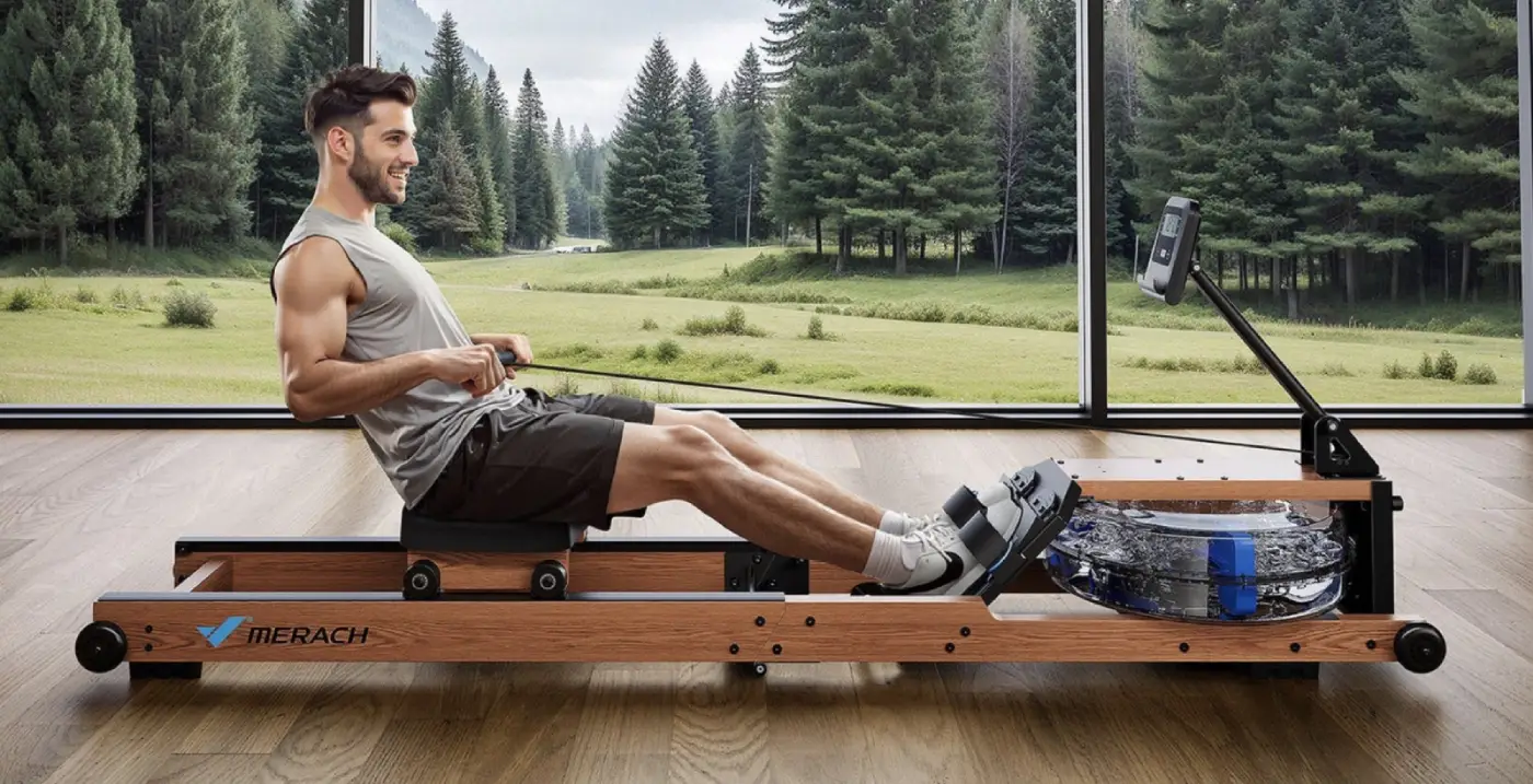 Un homme utilisant un rameur en bois dans un environnement intérieur avec des fenêtres donnant sur la nature.