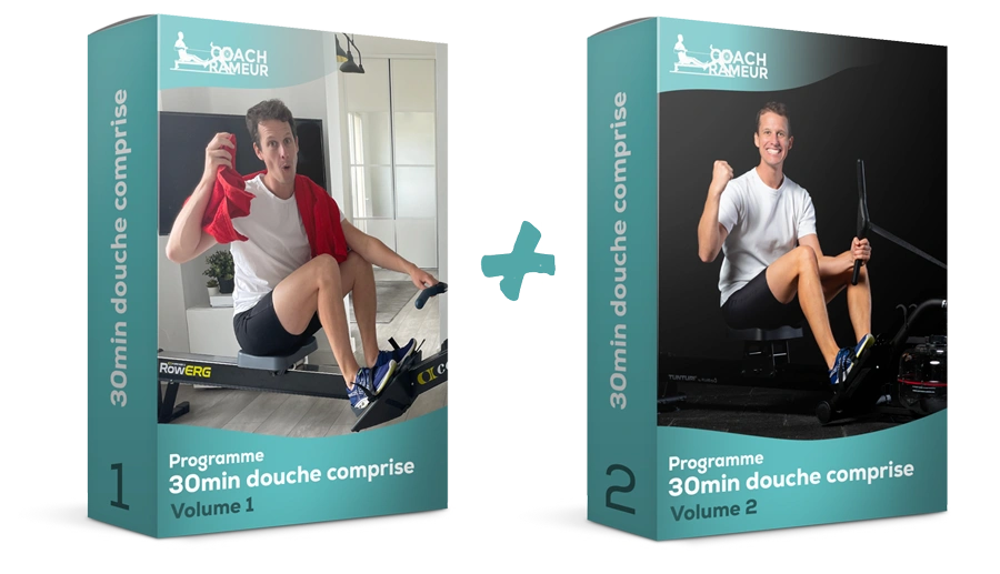 Boîtes des programmes de rameur 30min douche comprise volumes 1 et 2 avec des images de personnes en action.