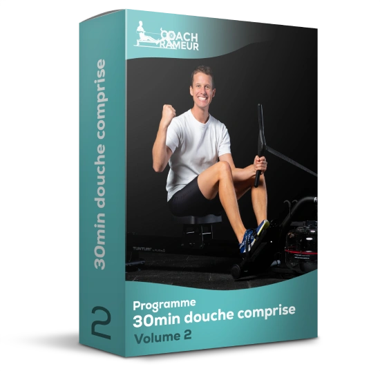 Boîte du programme 30min douche comprise Volume 2 avec un homme souriant sur un rameur.