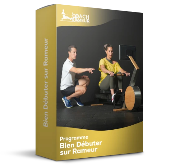 Boîte du programme Bien Débuter sur Rameur avec un homme et une femme utilisant un rameur.