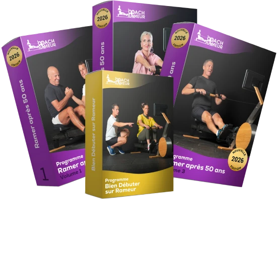 Ensemble de trois programmes de rameur pour les personnes de plus de 50 ans, incluant des instructions et des conseils.