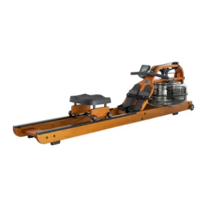 Fluid Rower Viking 3V, rameur en bois orange avec réservoir d’eau et siège noir, répartition des traînées et accessoires visibles