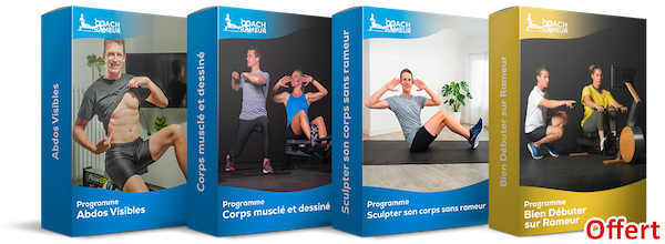 Quatre boîtes de programmes de fitness Coach Rameur avec des visuels de personnes en train de s'entraîner.