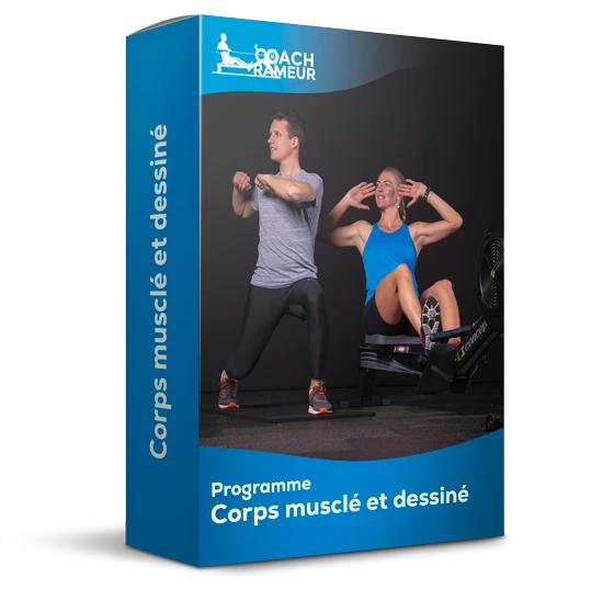 Boîte du programme Corps Musclé et Dessiné de Coach Rameur avec deux personnes en train de s'entraîner.