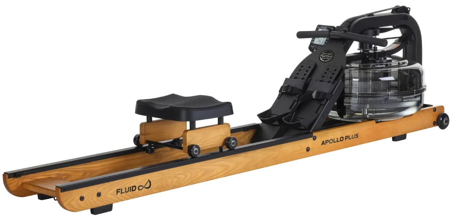 Rameur Fluid Apollo Plus illustré avec cadre en bois naturel et composants noirs, accessoires et compartiment de résistance visibles, design élégant et robuste