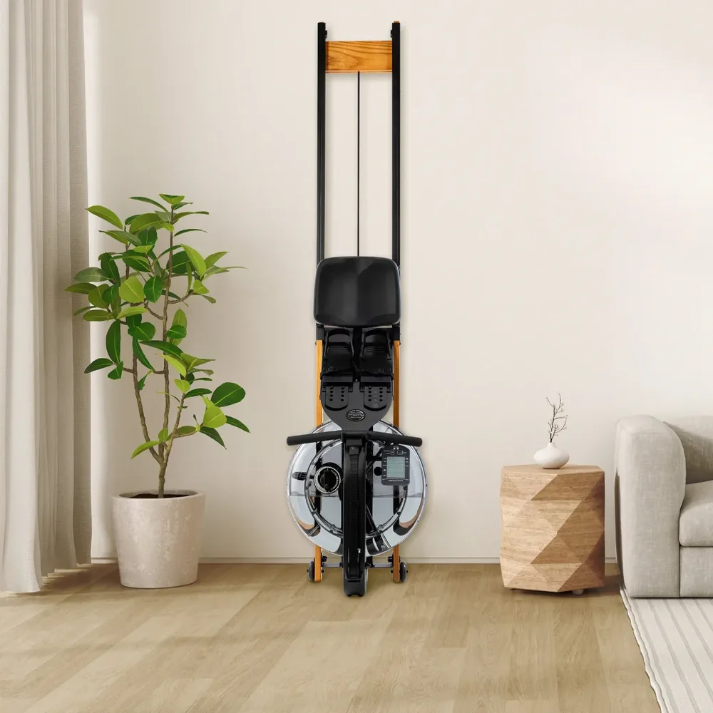 Rameur Fluid Apollo Plus Bluetooth noir avec cadre métallique, selle noire et éléments en bois, posé sur parquet dans un salon lumineux avec plante verte et table en bois