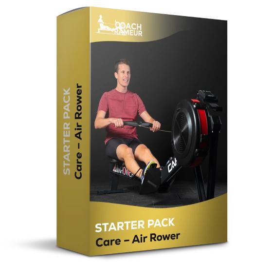 AirRower Starter Pack Care affiché sur emballage jaune et noir avec un homme utilisant un rameur, nom de produit AirRower clairement visible