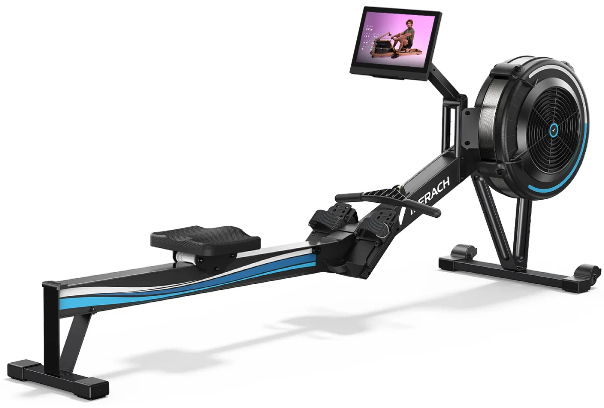 Rameur Merach R50 Aura noir avec accents bleus, volant ventilé et écran de suivi, console numérique pour visualiser les performances.