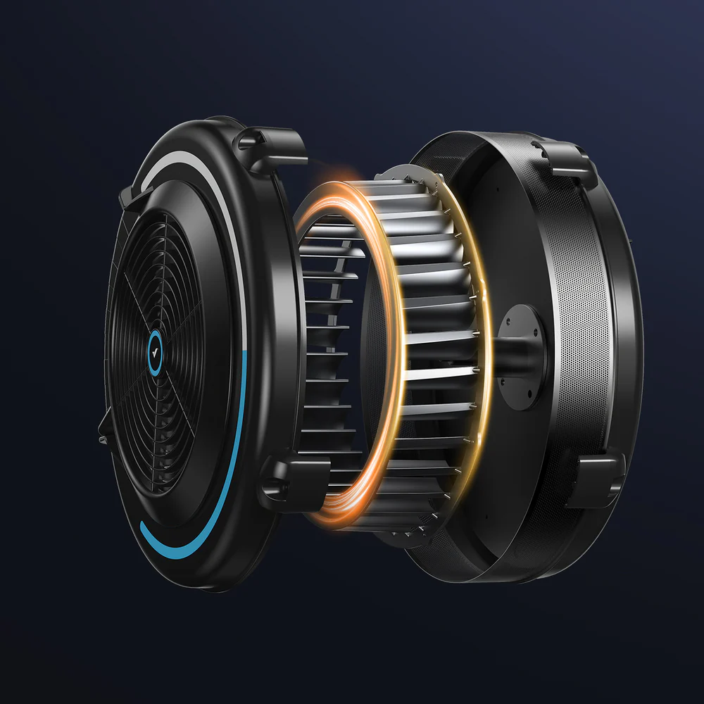 Mécanisme de freinage à air du rameur Merach R11B3-16 en noir, roue ventilée et flux lumineux orangé autour du cylindre interne.