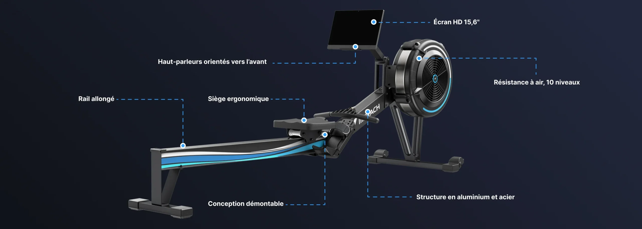 Rameur à air Merach R11B3-7 avec écran HD 15,6" et résistance à air sur 10 niveaux, structure aluminium et acier.