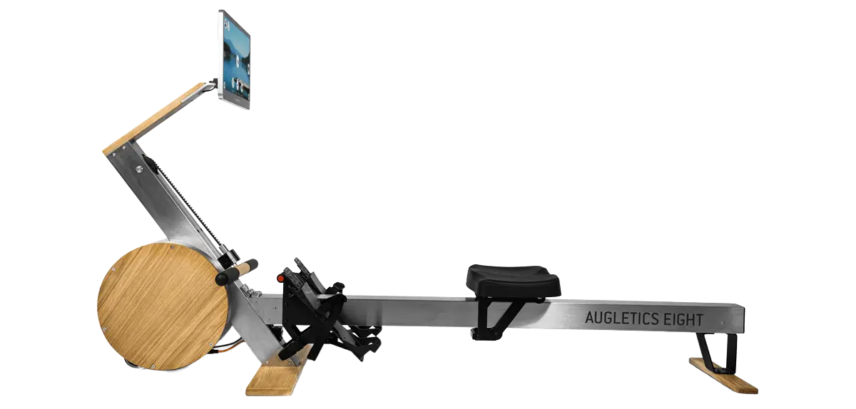 Rameur Augletics Eight avec un support pour écran et une finition en bois clair.