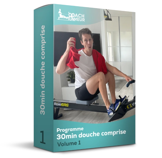 Boîte du programme Coach Rameur 30 min douche comprise, avec un rameur, une serviette rouge et la mention Vol. 1 sur le visuel.