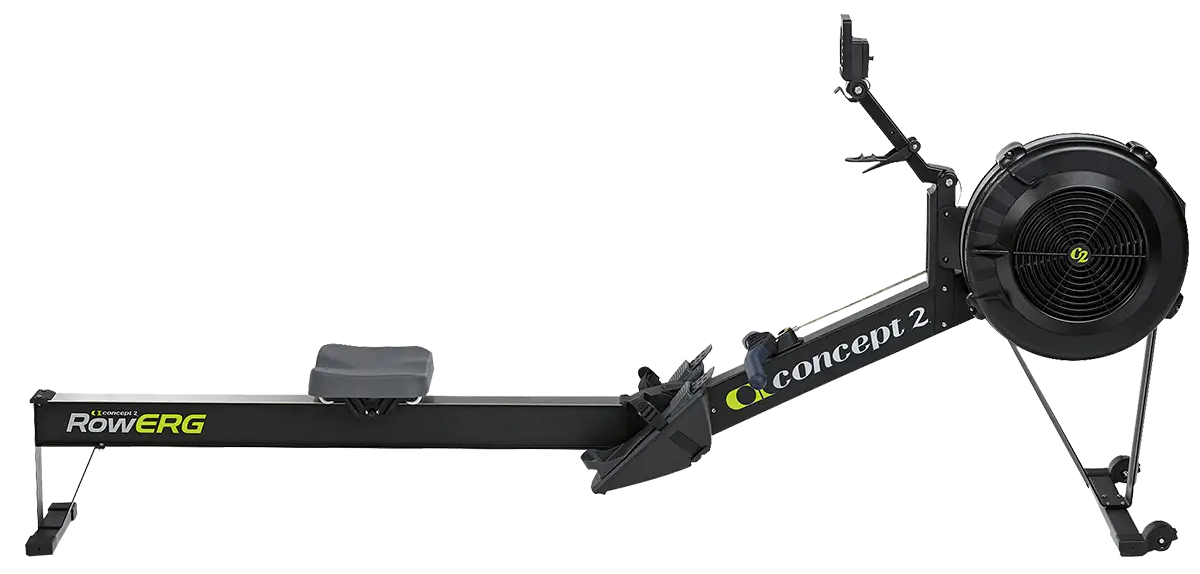 Rameur Concept2 RowErg noir avec volant d’air, siège coulissant et console de suivi, présenté en vue latérale sur fond blanc, prêt à l’entraînement.