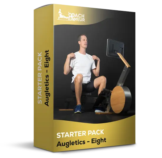 AirRower Starter Pack Care affiché sur emballage jaune et noir avec un homme utilisant un rameur, nom de produit AirRower clairement visible