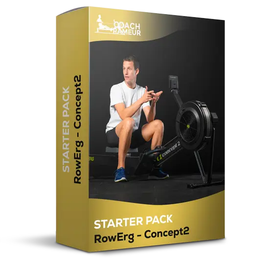Starter Pack RowErg Concept2 présenté en coffret jaune et noir, avec un rameur Concept2 et un homme assis à côté sur fond sombre.
