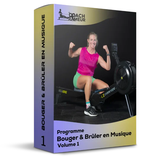 Une athlète souriante pose sur un rameur Concept2 devant le logo Coach Rameur, avec l'intitulé Programme Bouger & Brûler en Musique Volume 1.