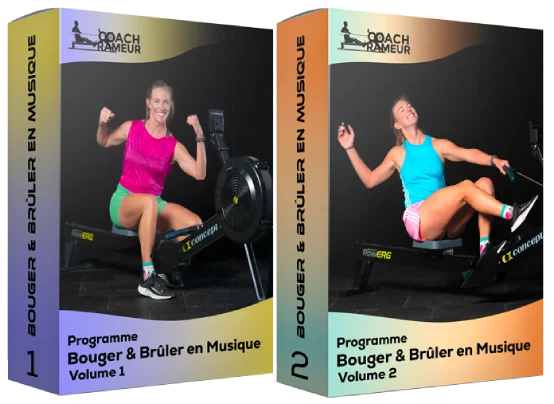 Deux coffrets Coach Rameur montrent une rameuse en action, avec les titres Bouger & Brûler en Musique Volume 1 et Volume 2.