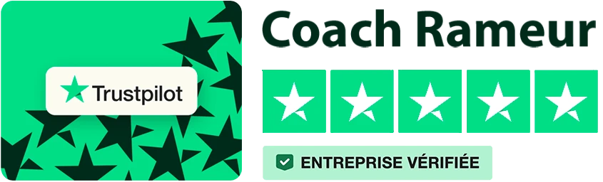 Le logo Trustpilot, cinq étoiles et le badge « Entreprise vérifiée » apparaissent avec le nom Coach Rameur sur fond vert.