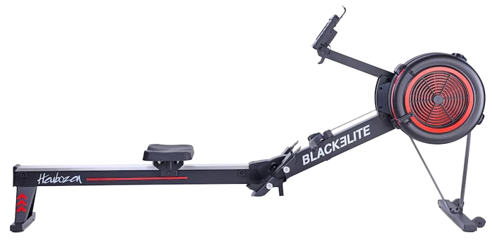 Un rameur d’intérieur Heubozen Blackelite noir et rouge présente un rail allongé, une roue d’inertie circulaire et des repose-pieds réglables.