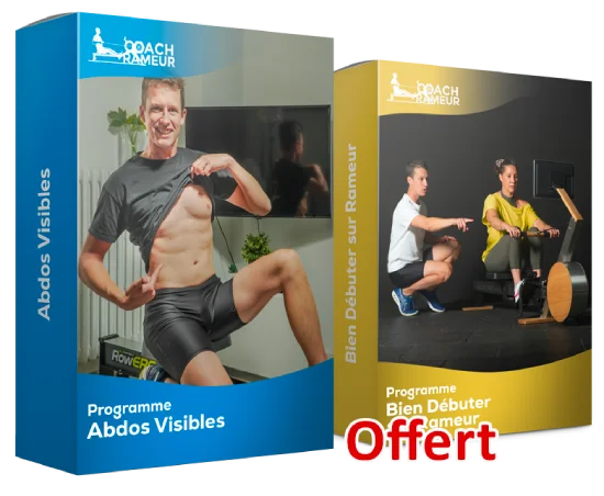 Les boîtes du Coach Rameur présentent les programmes Abdos Visibles et Bien Débuter, avec la mention offert.