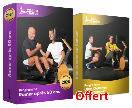 Deux coffrets Coach Rameur présentent les programmes Ramer après 50 ans et Bien débuter, avec le mot Offert en rouge.