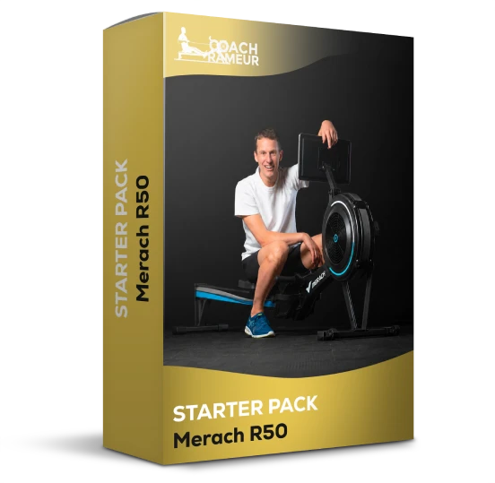 Boîte Merach R50 noire et dorée avec un rameur visible et le logo Coach Rameur, évoquant le starter pack présenté sur la page.