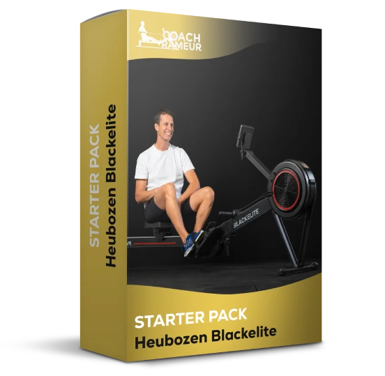Une boîte noire et or Starter Pack Heubozen Blackelite montre le logo Coach Rameur et un rameur avec un homme assis dessus, sur fond noir.