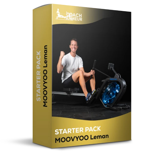 Une boîte Starter Pack Moovyoo Leman noire et dorée montre le logo Coach Rameur, un rameur bleu et un homme souriant assis dessus sur fond sombre.