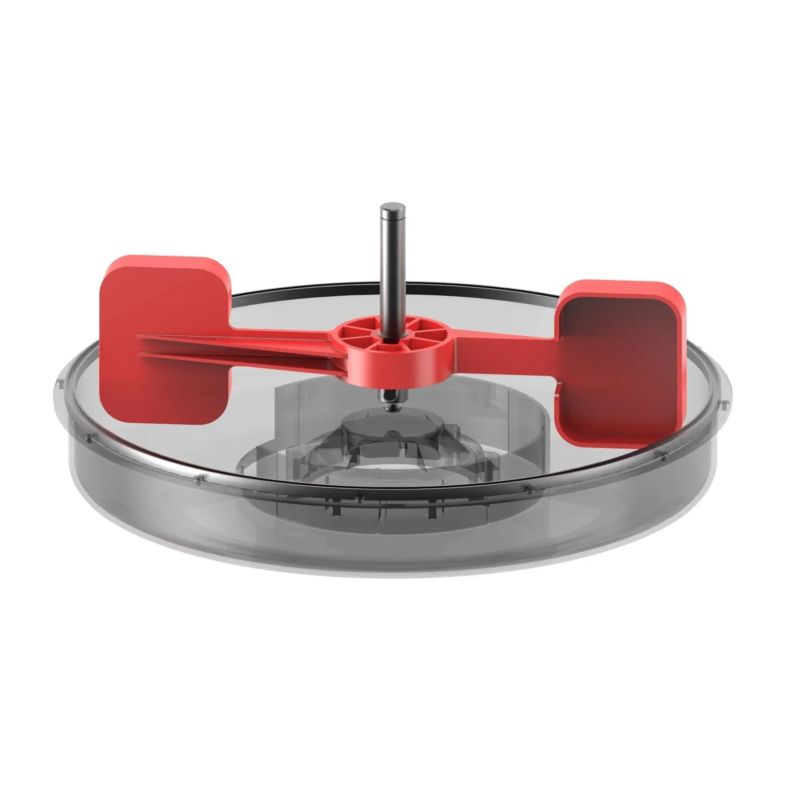 Le système interne rouge et translucide du rameur à eau Joroto MR23 apparaît avec l’axe central et le réservoir circulaire.